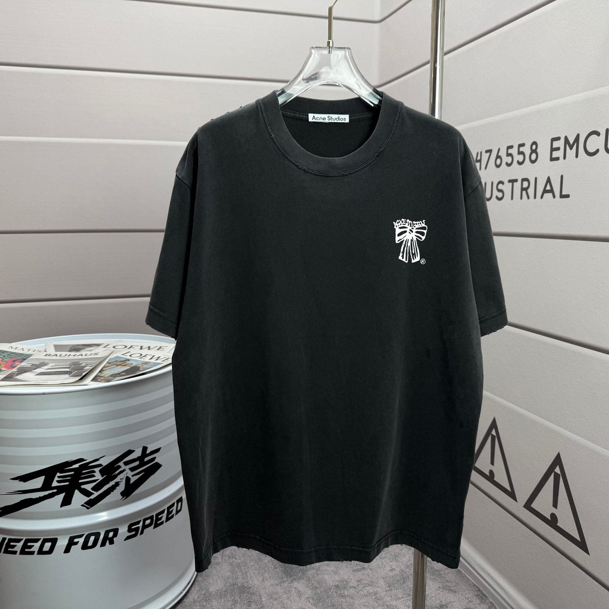 Acne Studios Small Bow‑Graphic Distressed‑Trim Crew‑Neck Short‑Sleeve T‑Shirt