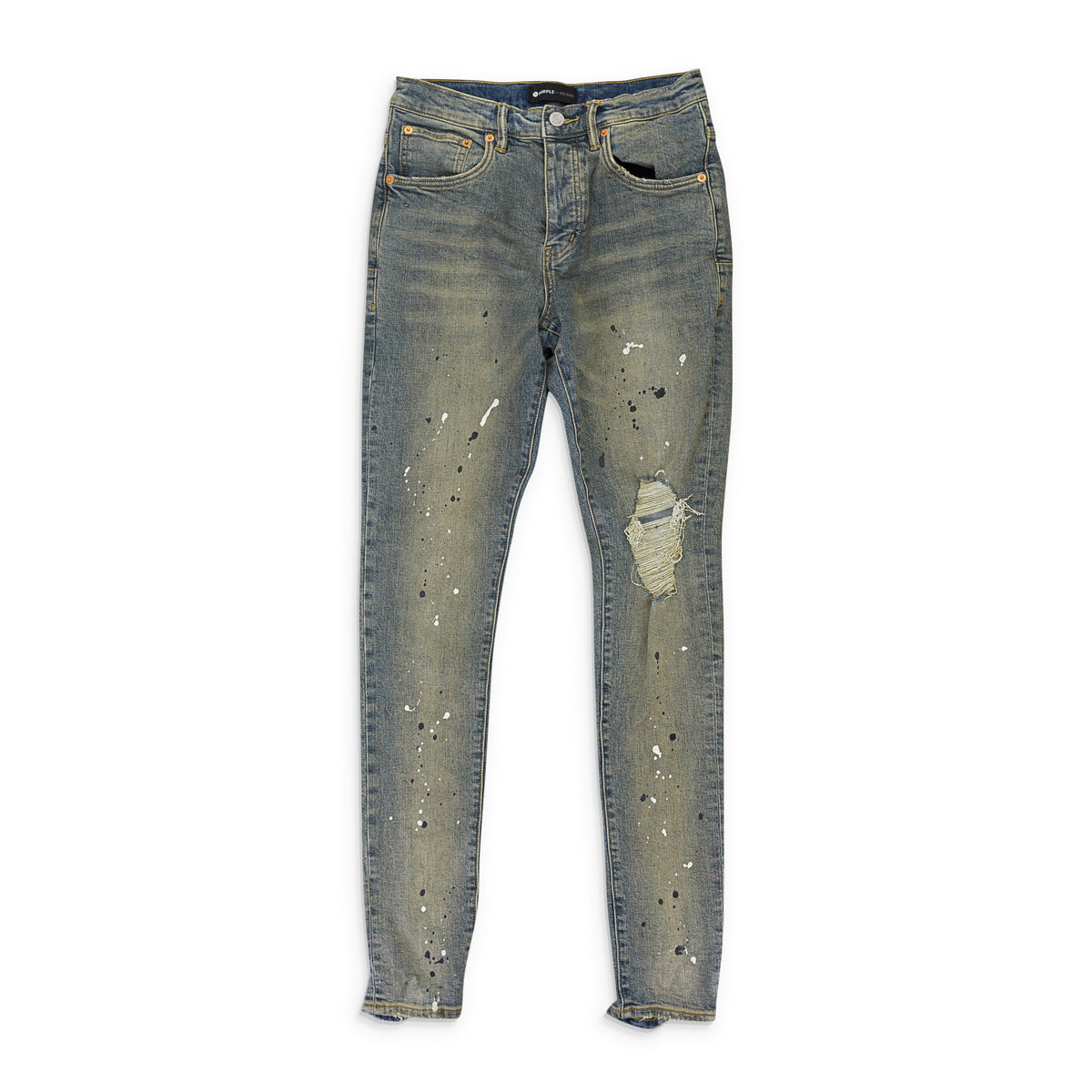 MID INDIGO TAPERED LEG DESTROY PAINT SKINNY JEANS