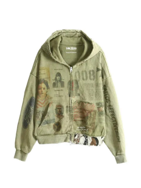 SAITOS Ghost Image distressed zip-up hoodie