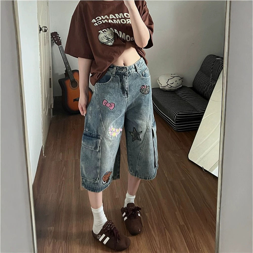Kitty Patchwork Cargo Capri Denim Shorts Multi Pocket Baggy Wide Leg