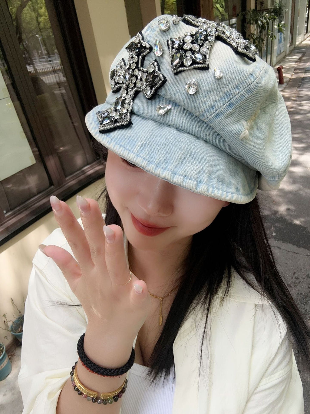 Rhinestone Cross Denim Octagonal Beret Vintage Y2K Women Newsboy Cap