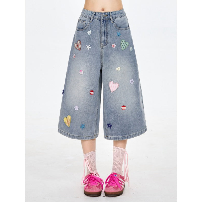 Heart Star Patch Capri Denim Shorts Loose Wide Leg Baggy Cropped Jeans