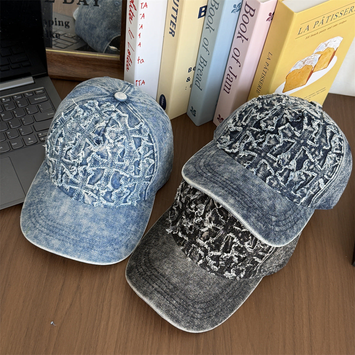 Frayed Cross Denim Washed Vintage Baseball Cap Streetwear Multi‑Style