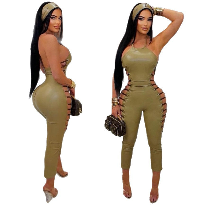 Faux Leather Halter Side-Cutout Lace-Up Jumpsuit Women