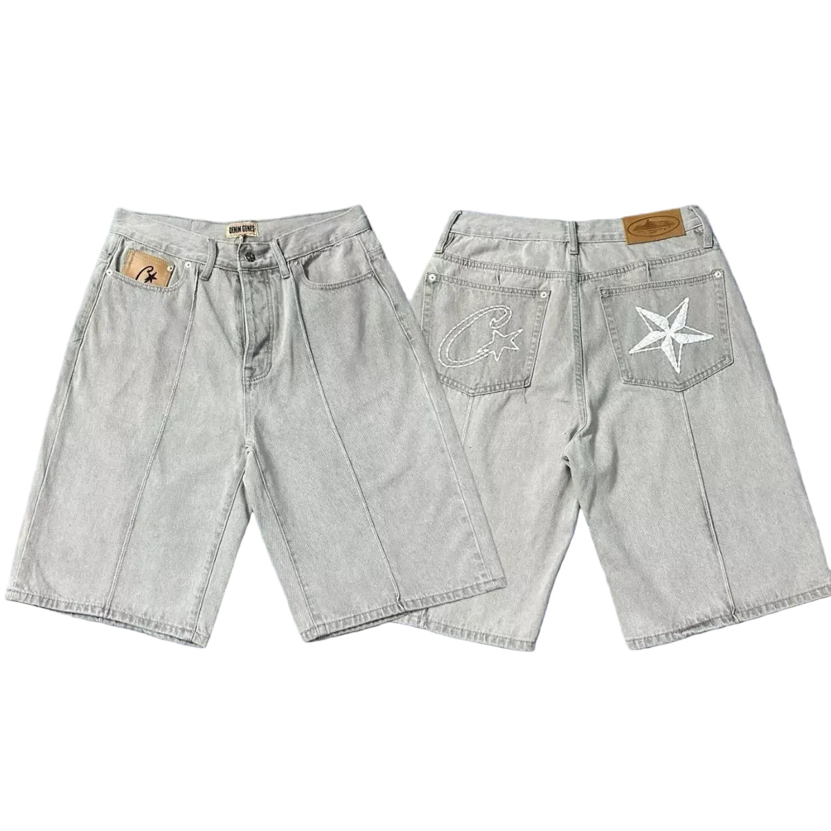 Corteiz Back Star Embroidery Heavyweight Denim Shorts Grey