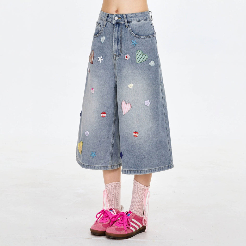 Heart Star Patch Capri Denim Shorts Loose Wide Leg Baggy Cropped Jeans