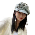 Rhinestone Cross Denim Octagonal Beret Vintage Y2K Women Newsboy Cap