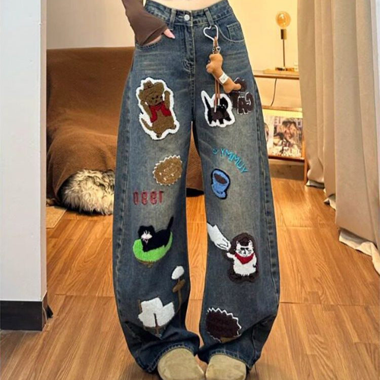 Vintage Cartoon Towel Embroidery Baggy Wide Leg Washed Denim Jeans