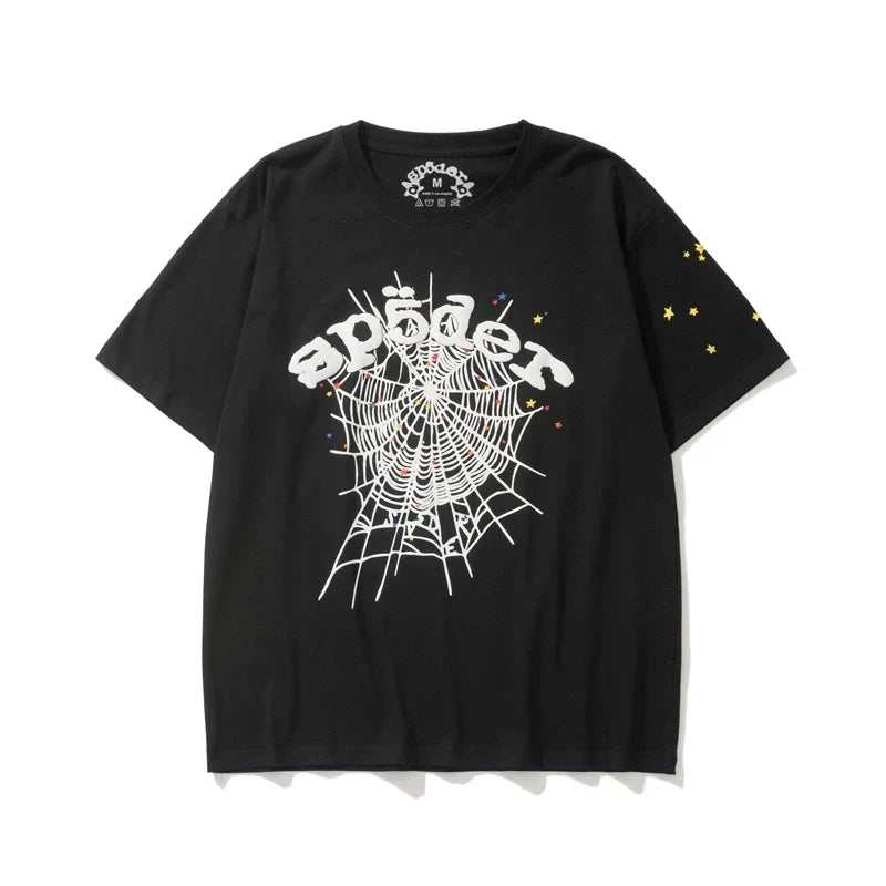 Sp5der White Web & Multicolor Star Graphic Black Short Sleeve T-Shirt