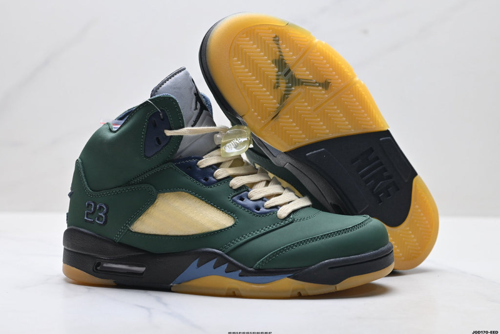 Air Jordan 5 Retro Green Gold Navy Sneakers