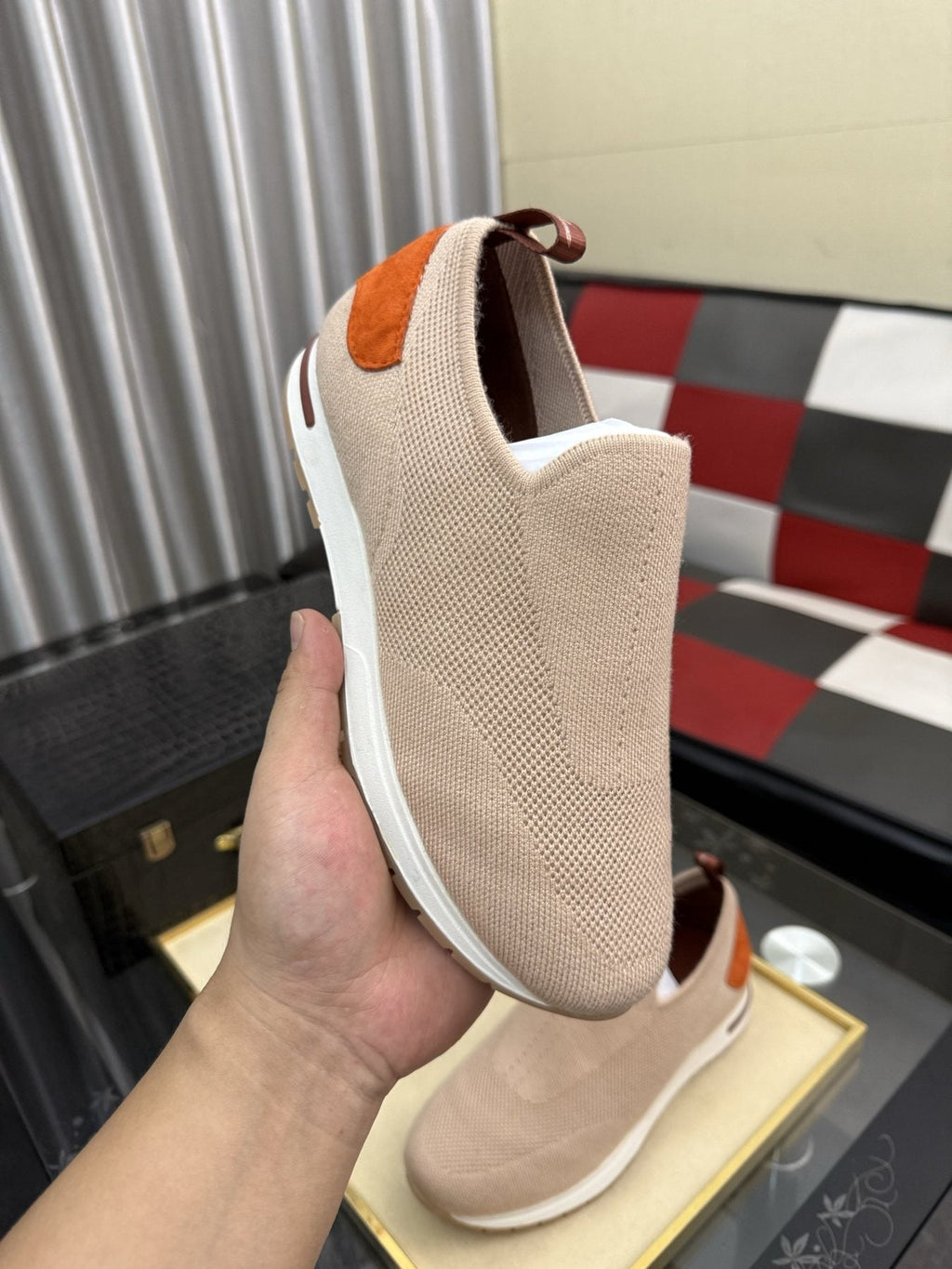 Men's Beige Slip-On Sneakers with Orange-Brown Heel Accent
