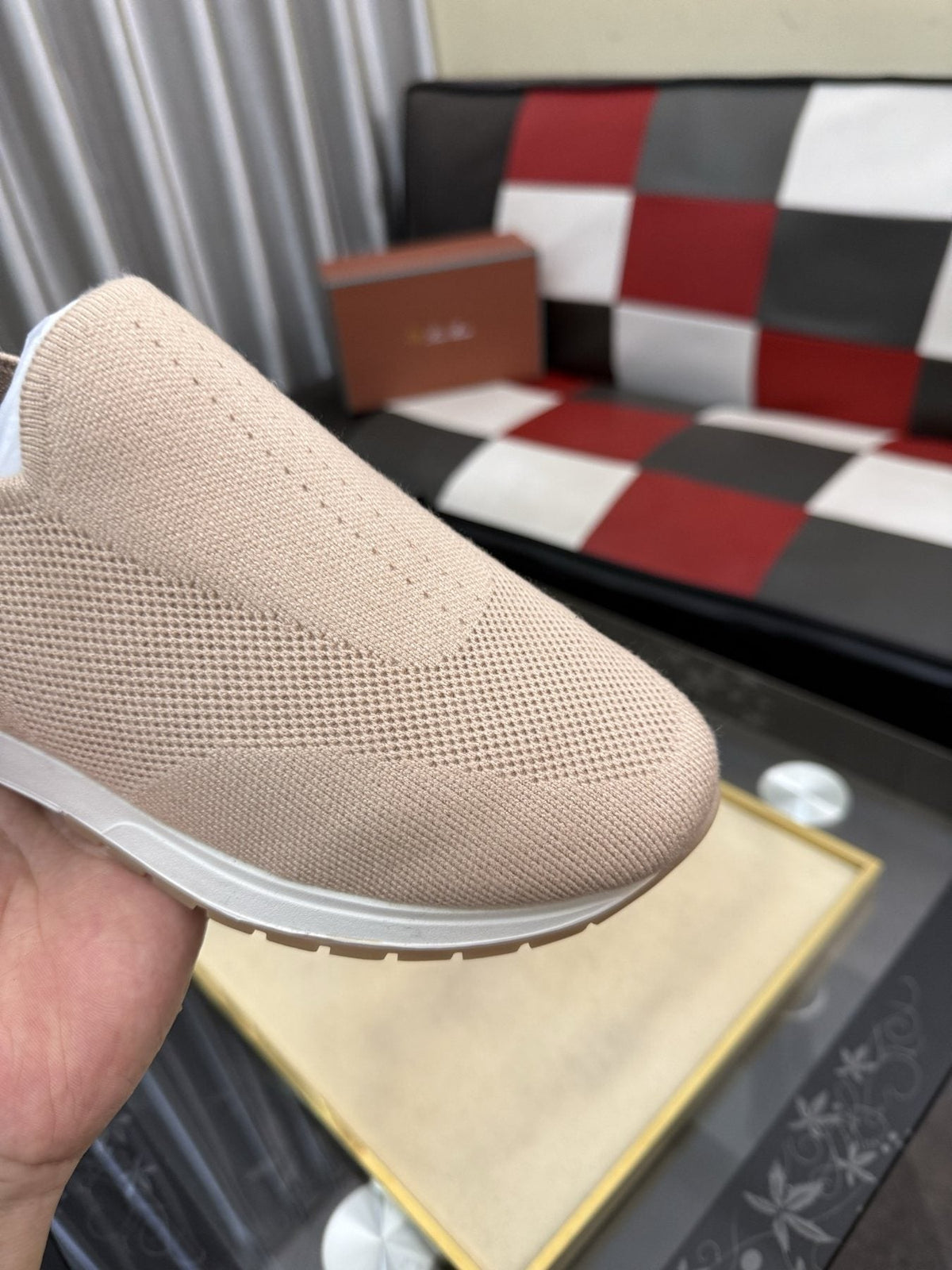 Men's Beige Slip-On Sneakers with Orange-Brown Heel Accent