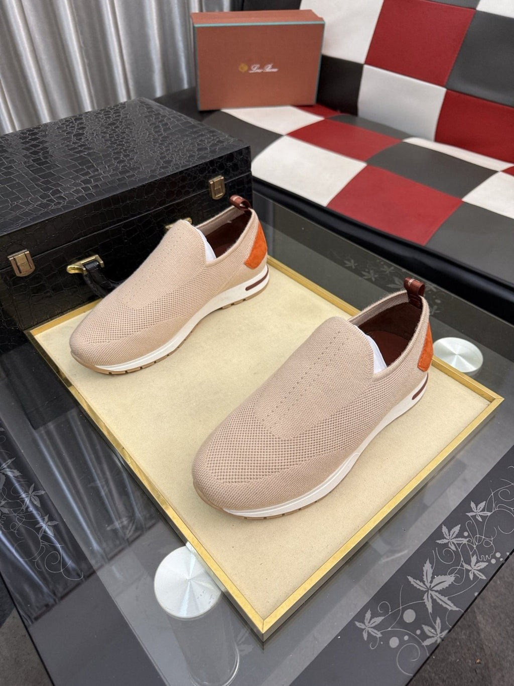 Men's Beige Slip-On Sneakers with Orange-Brown Heel Accent