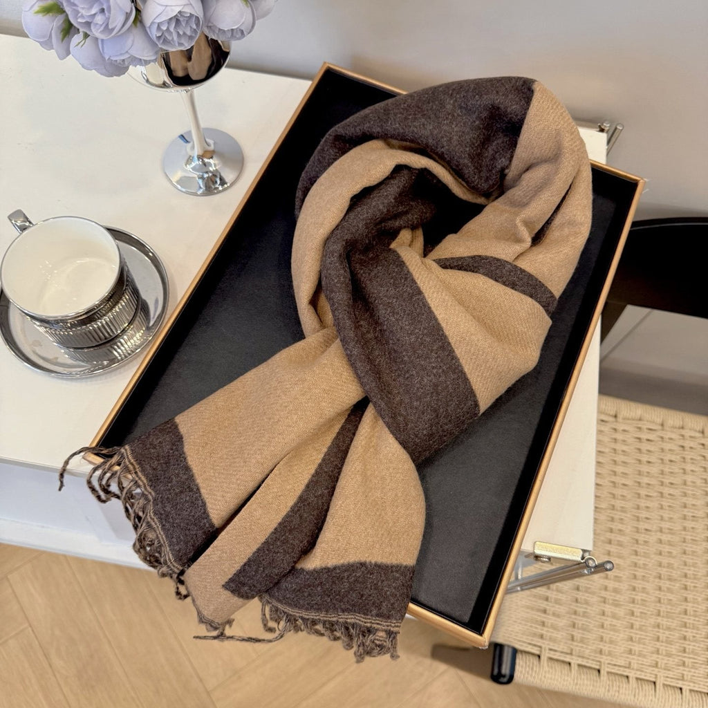 Hermes Fringed Color-Block Letter-Motif Scarf
