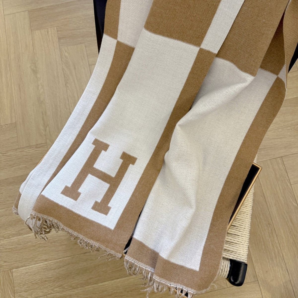 Hermes Fringed Color-Block Letter-Motif Scarf