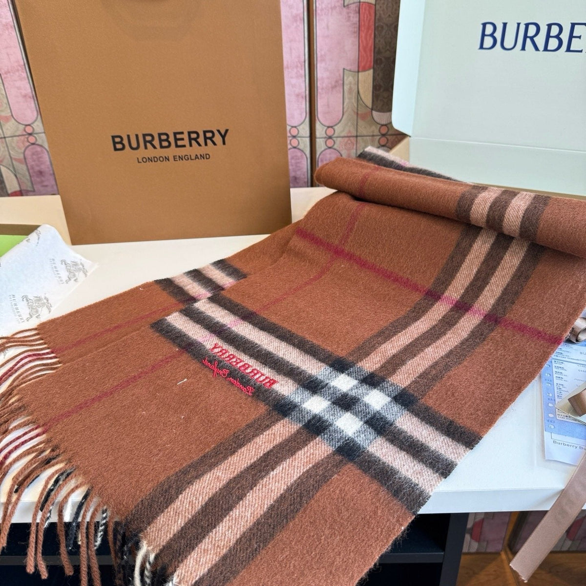 Burberry Brown Plaid Fringed Scarf
