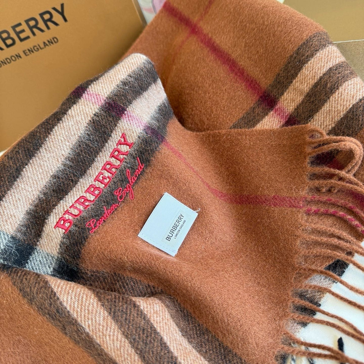 Burberry Brown Plaid Fringed Scarf