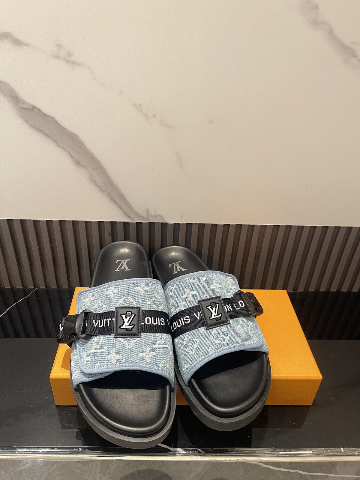 Louis Vuitton Light Blue and Black Slide Sandals