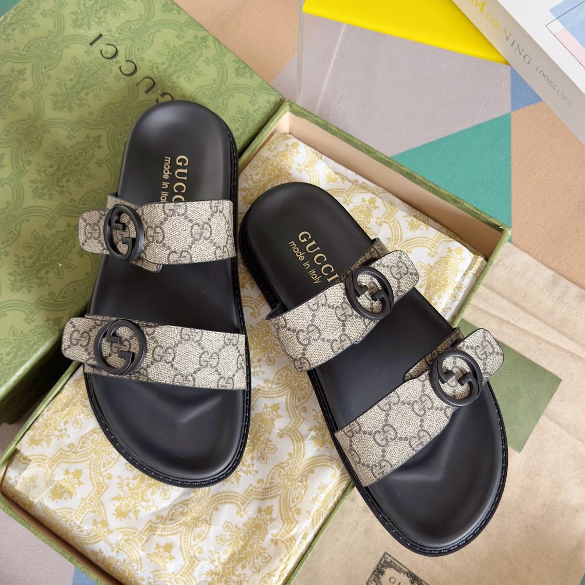 Gucci Monogram Double-Strap Slide Sandals - Black and Beige Monogram