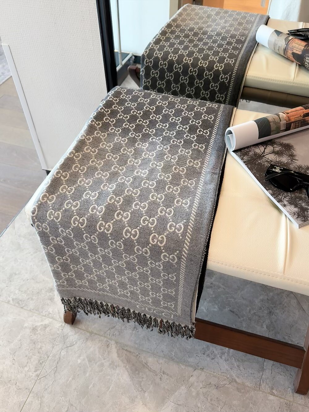 Gucci Brown Beige Jacquard Fringe Scarf