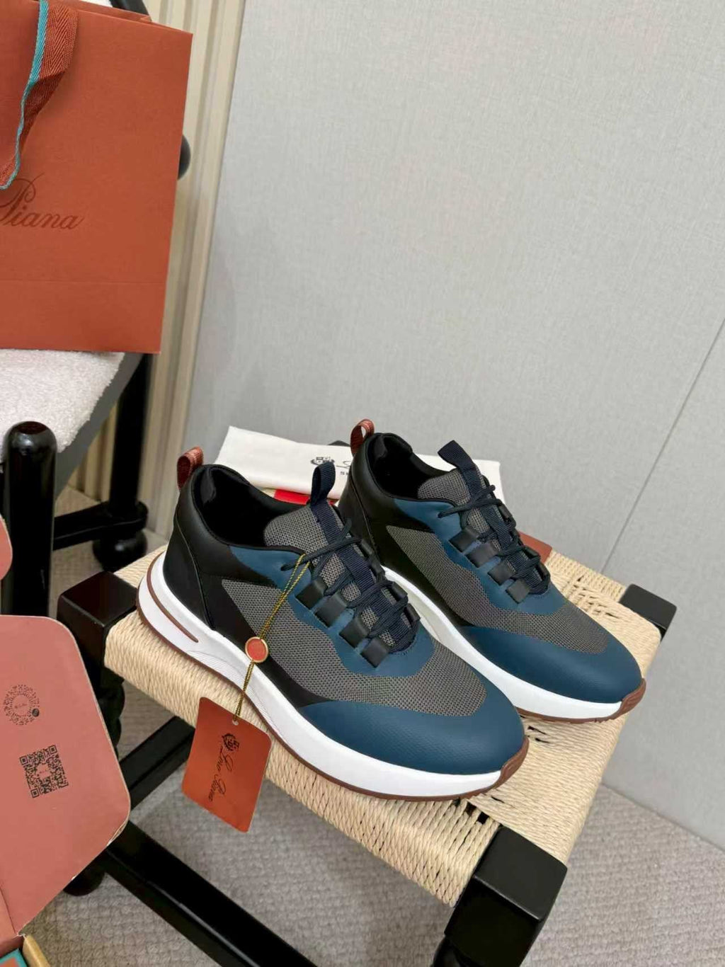 Loro Piana Navy Blue Teal Low-Top Sneakers