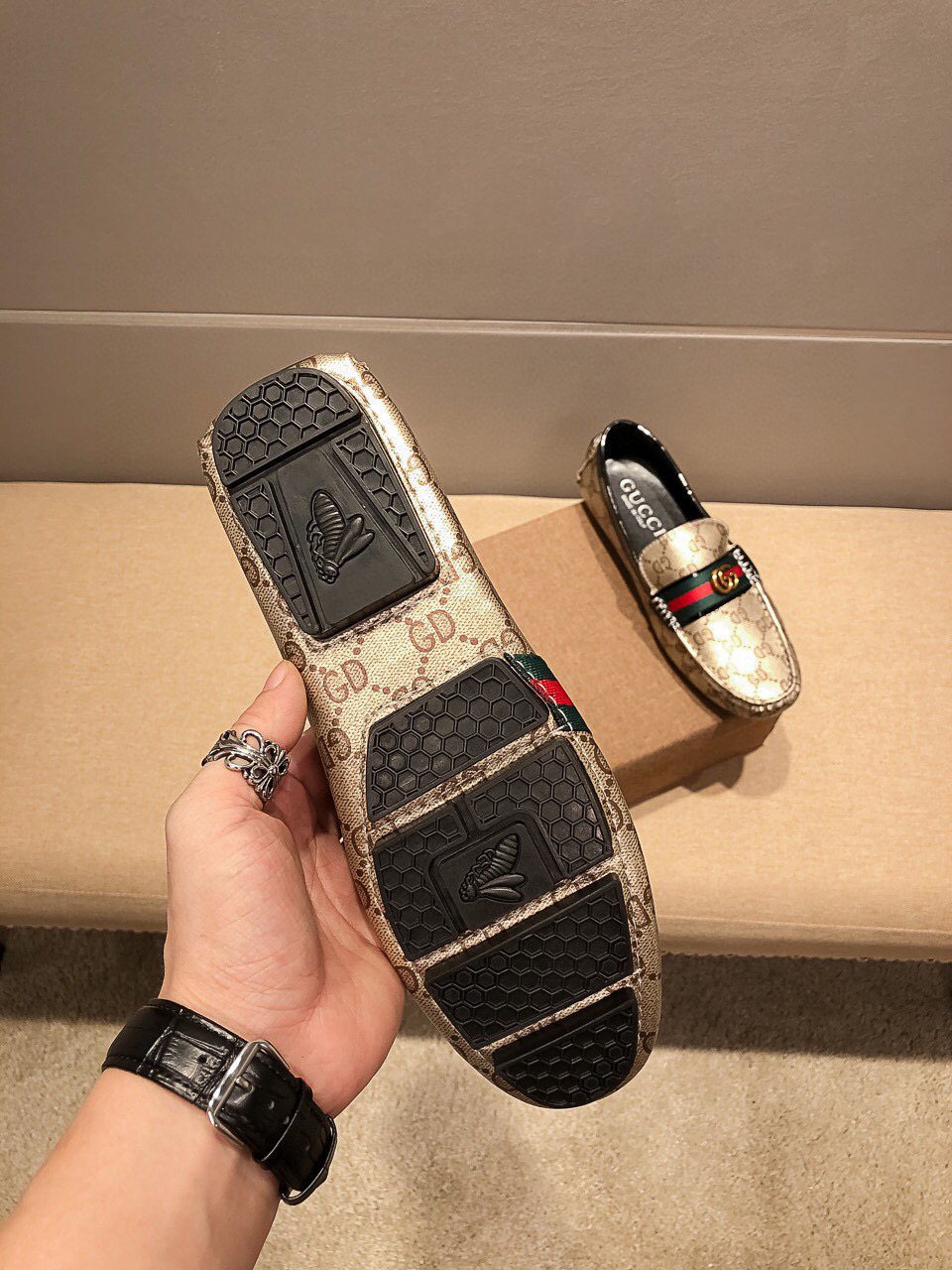 Gucci Men's Beige Web Loafers