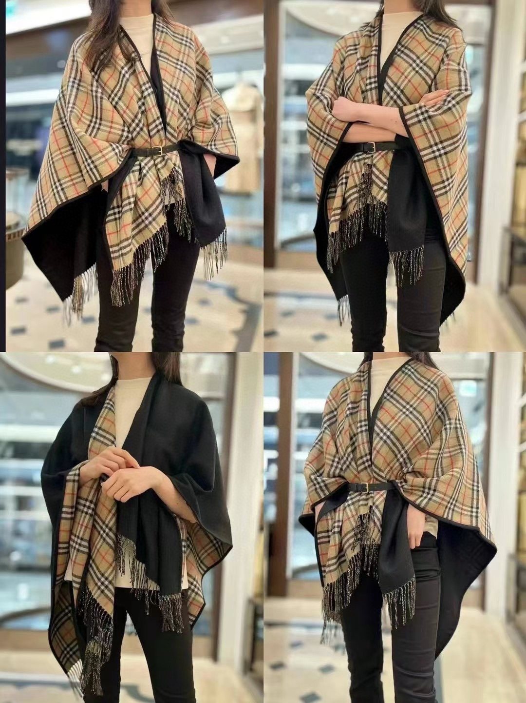 Burberry Reversible Plaid Fringe Cape Shawl