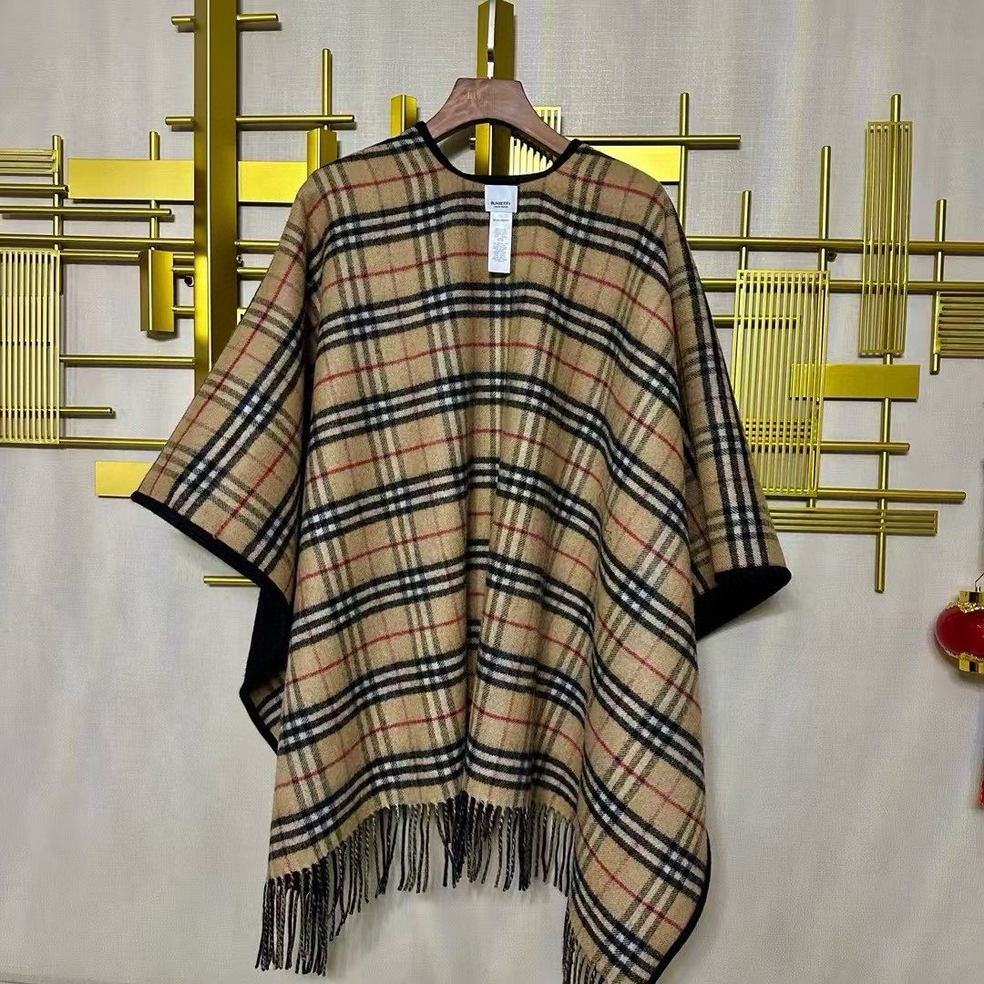 Burberry Reversible Plaid Fringe Cape Shawl