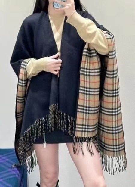 Burberry Reversible Plaid Fringe Cape Shawl
