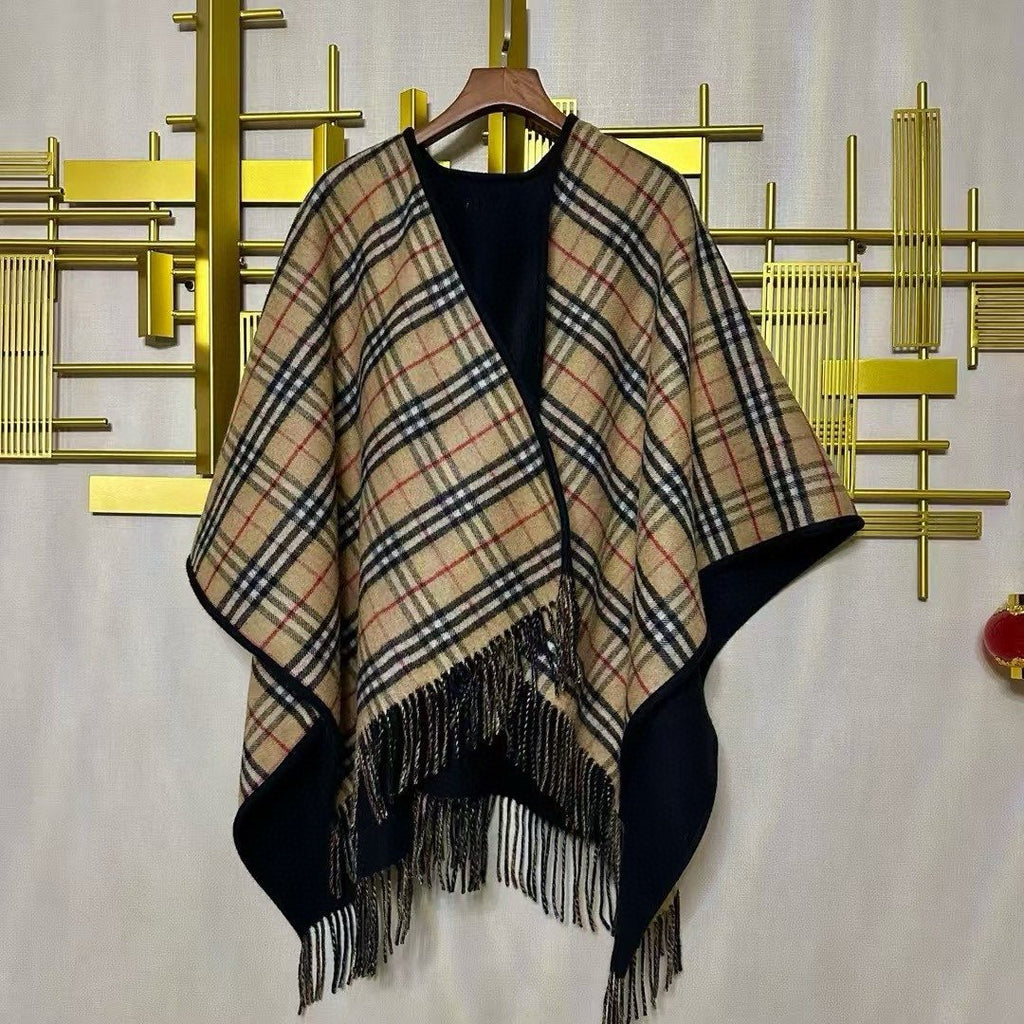 Burberry Reversible Plaid Fringe Cape Shawl