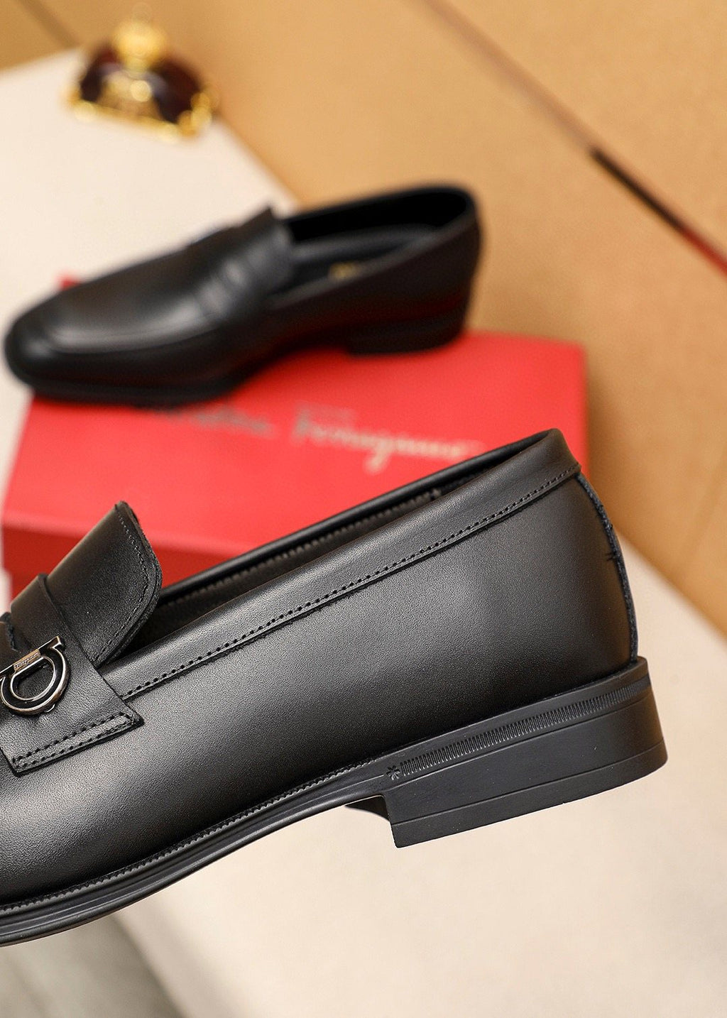 Ferragamo Black Buckle Loafers - Metal Vamp Buckle