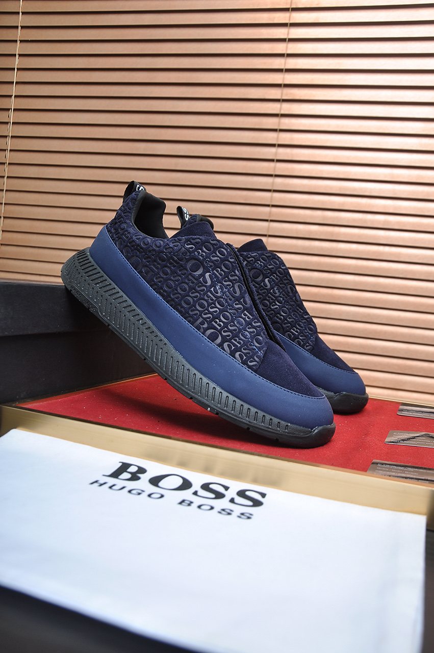 BOSS Navy Blue Textured Slip-On Sneakers