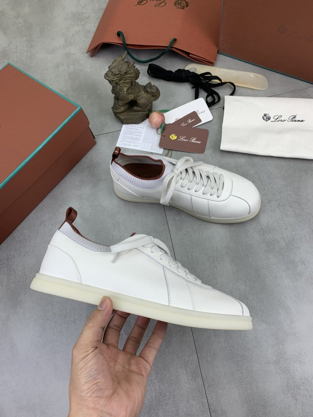 Loro Piana White Knit Leather Sneakers