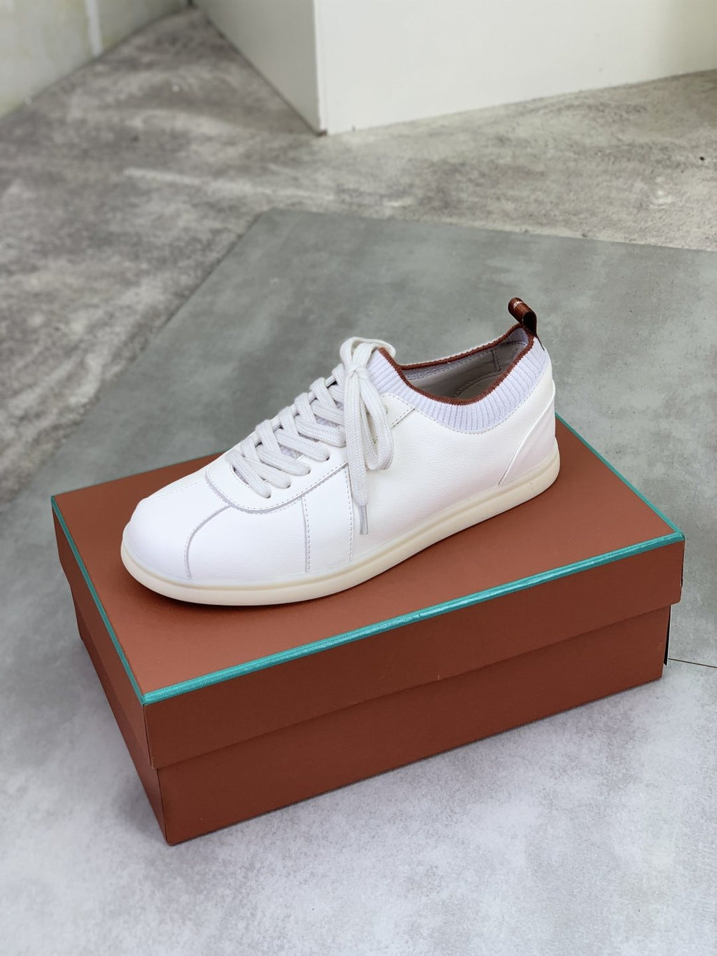 Loro Piana White Knit Leather Sneakers