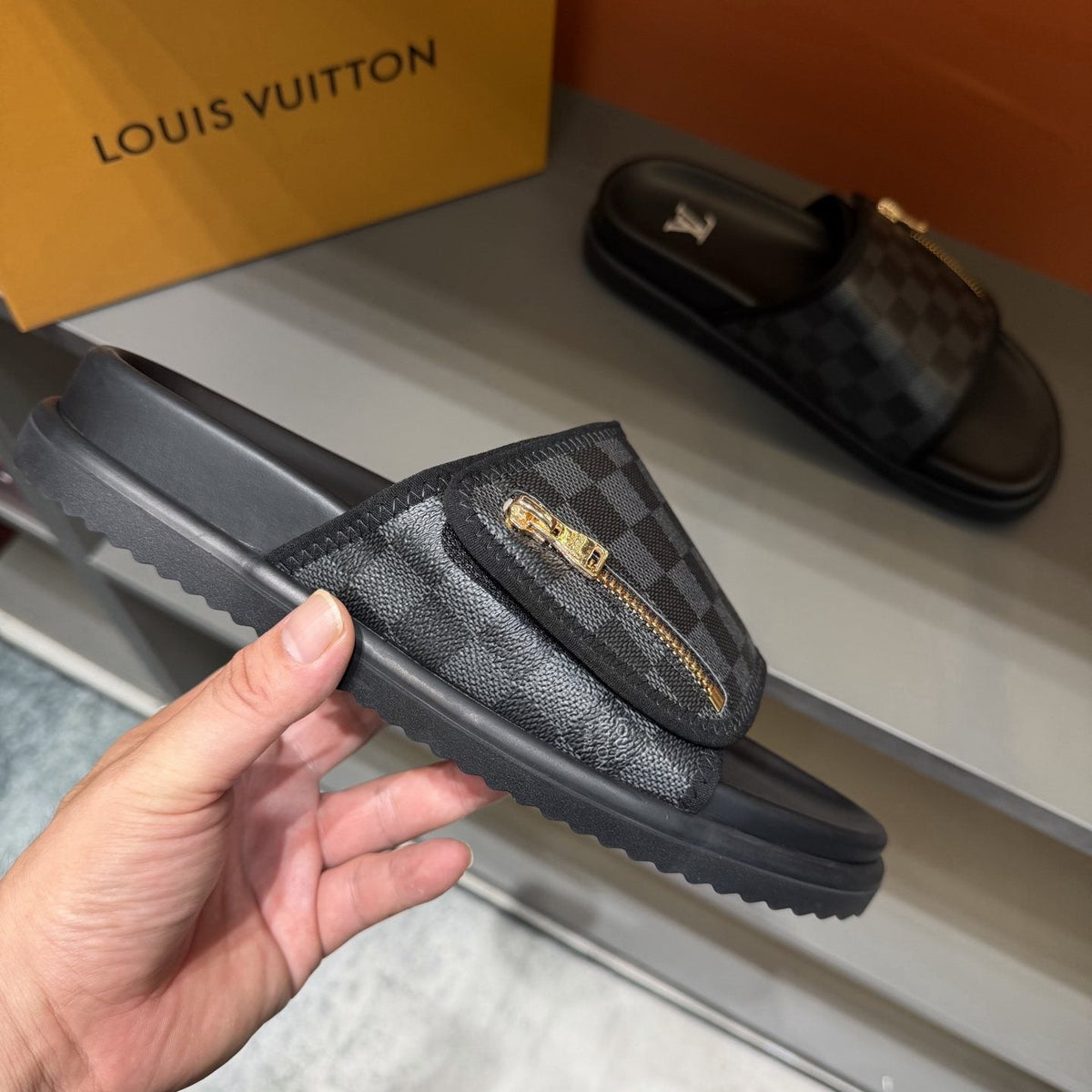 Louis Vuitton Checkered Zipper Slide Sandals