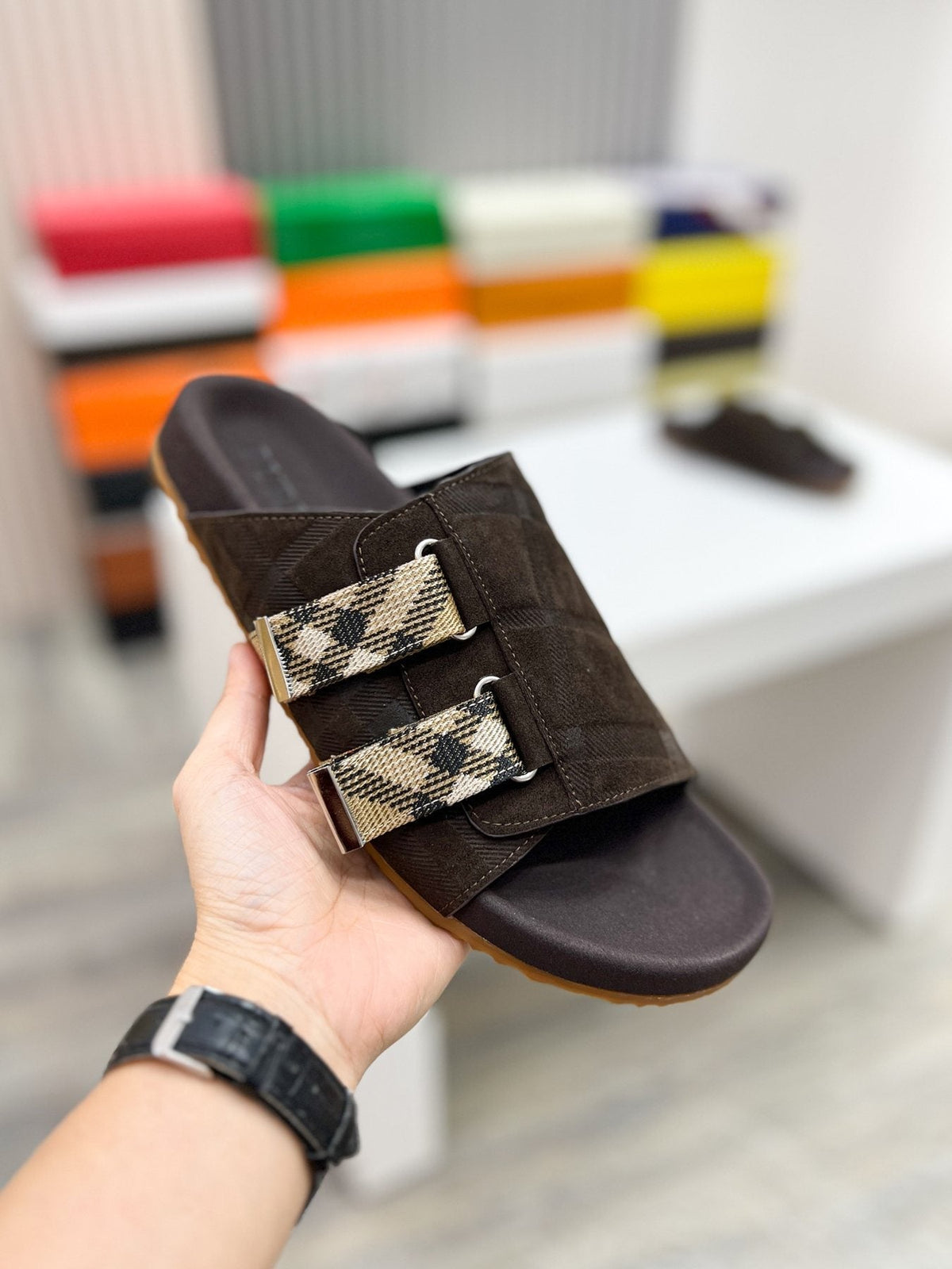 Burberry Men's Check Buckle Slide Sandals